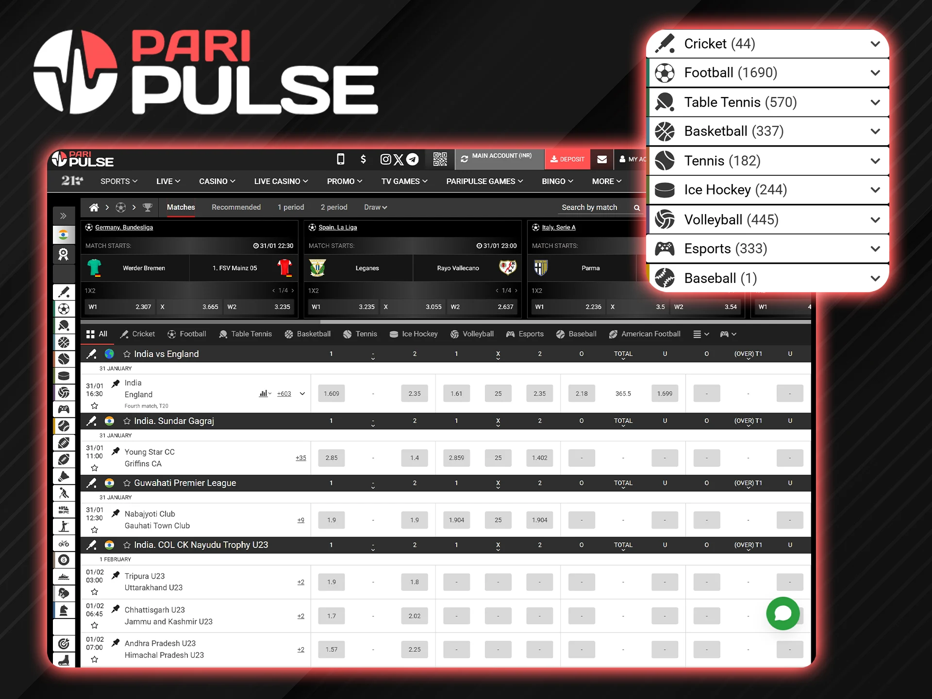 Find your favorite sport at PariPulse.