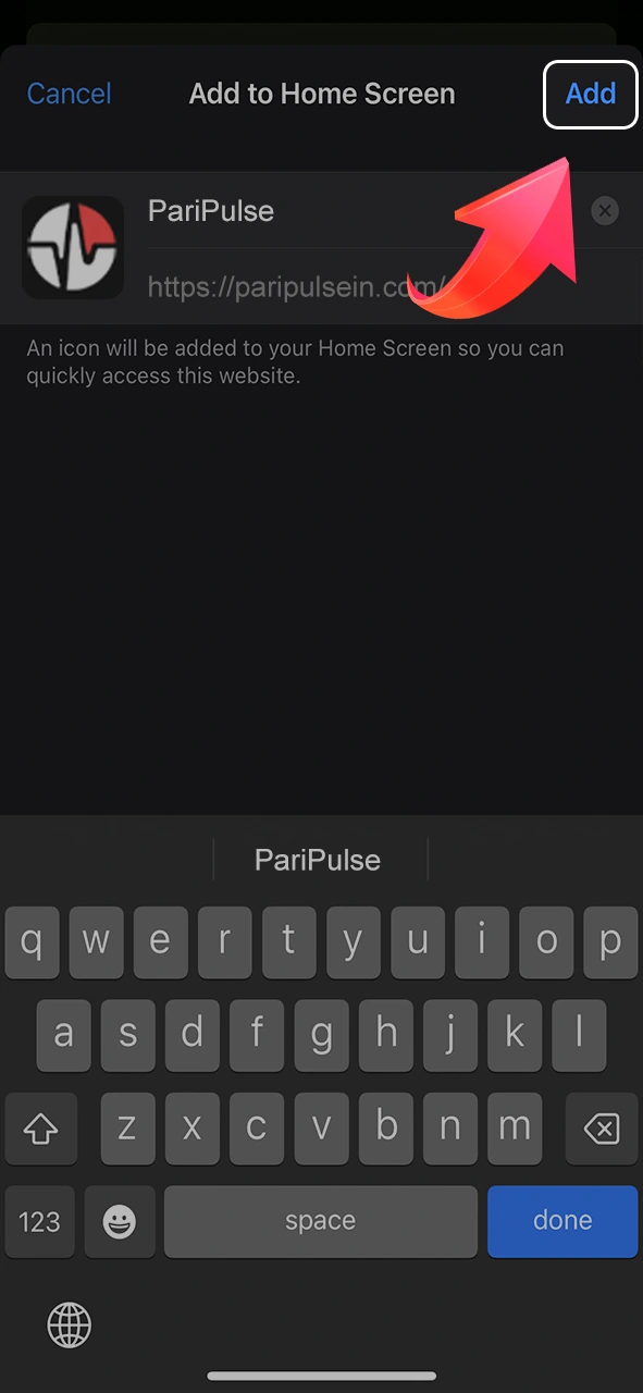 Enter a shortcut name and confirm adding PariPulse to your phone's home screen.