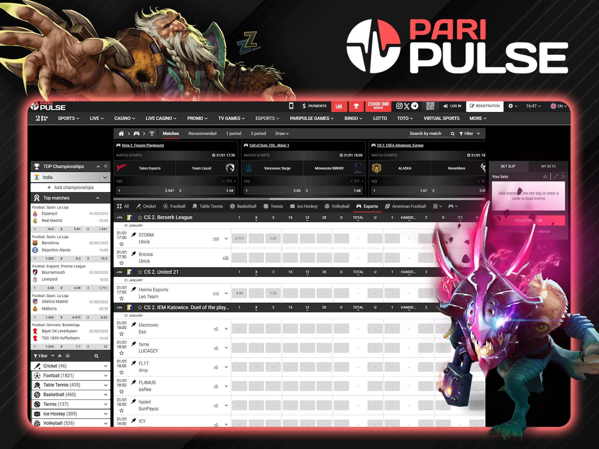 PariPulse offers betting on e-sports games.