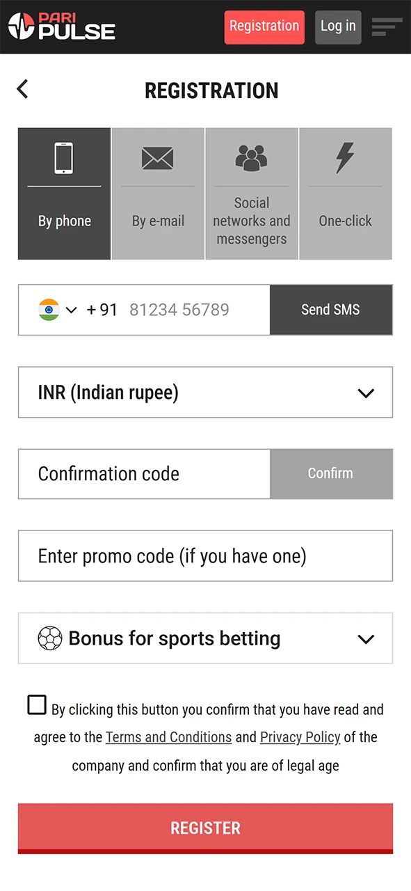 PariPulse registration form.