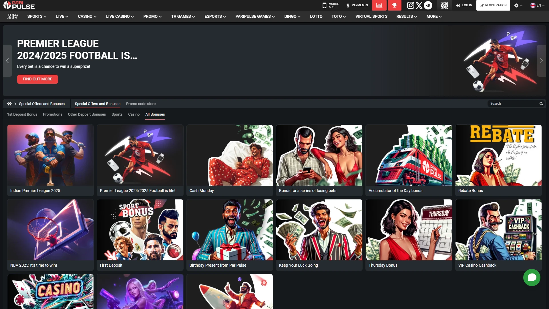 PariPulse bonuses and promotions section.