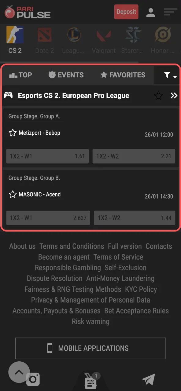 Bet on Paripulse esports by picking preferred event.