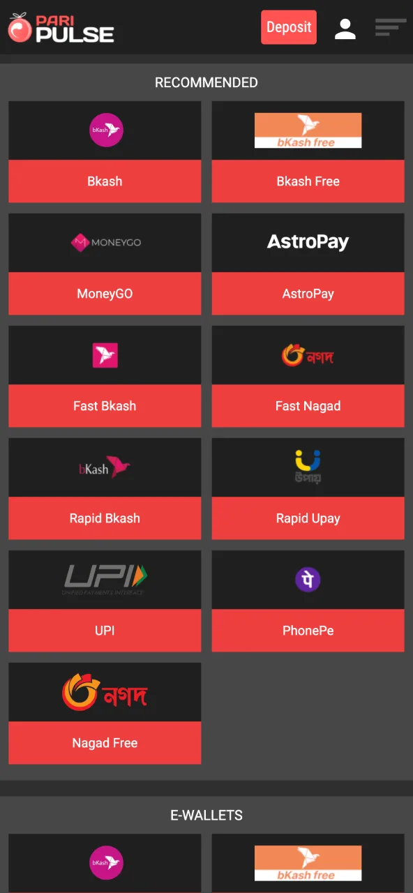 Deposit money on Paripulse with mobile wallets like bKash or Nagad.