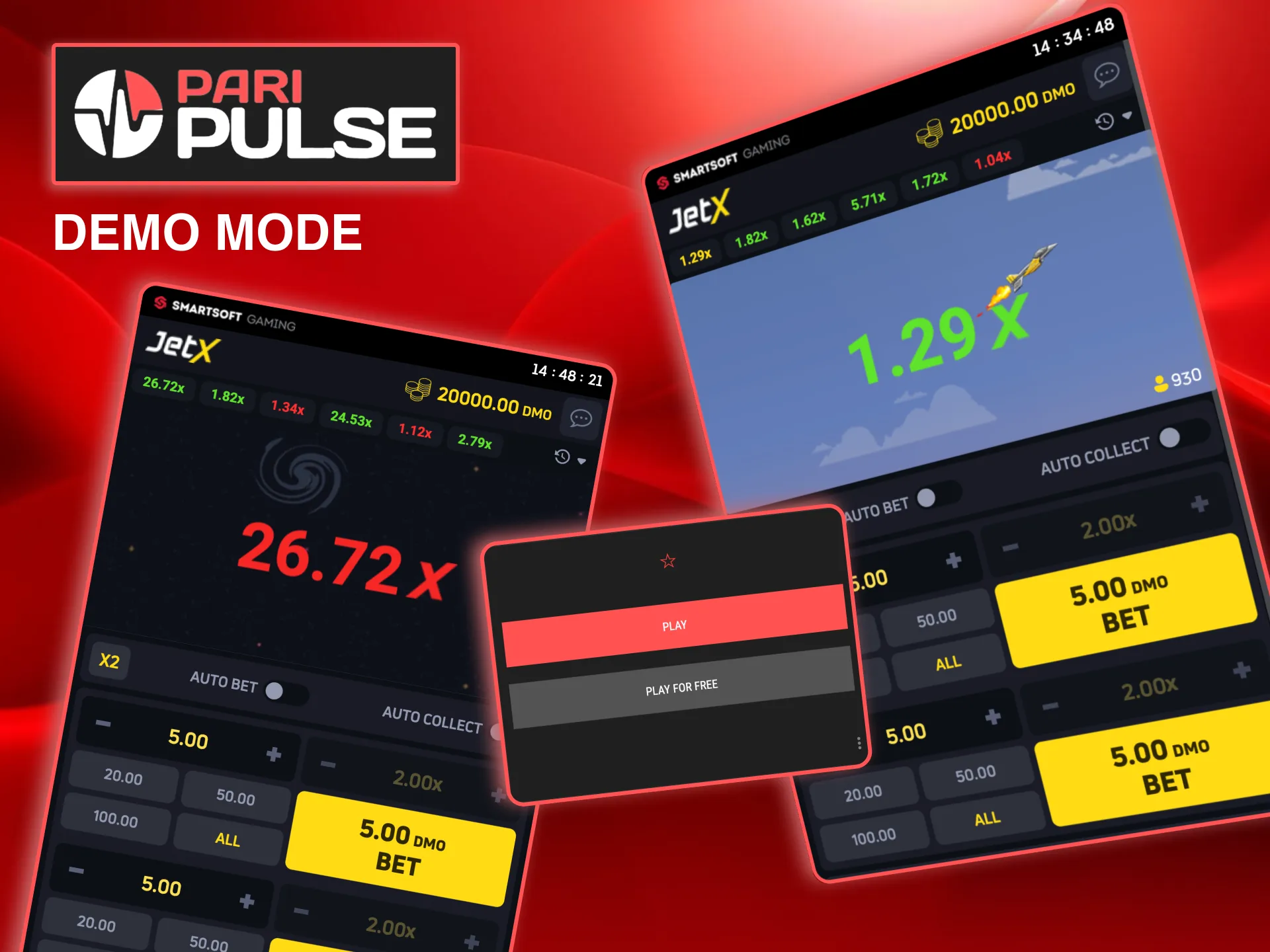Explore JetX pace and multipliers in Paripulse demo mode.