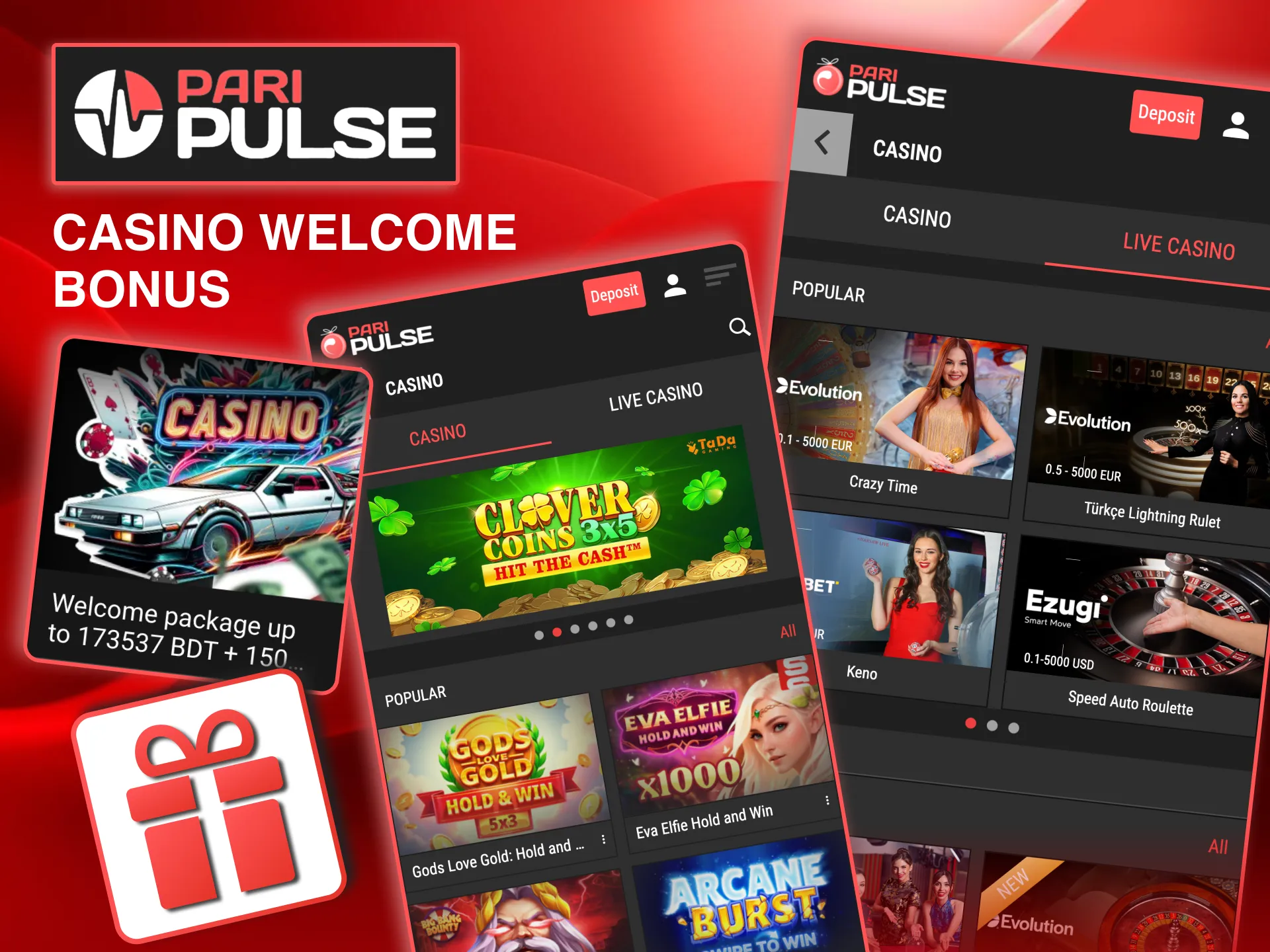 Welcome bonus interface on Paripulse with details on Roulette, Baccarat, and Blackjack bets.
