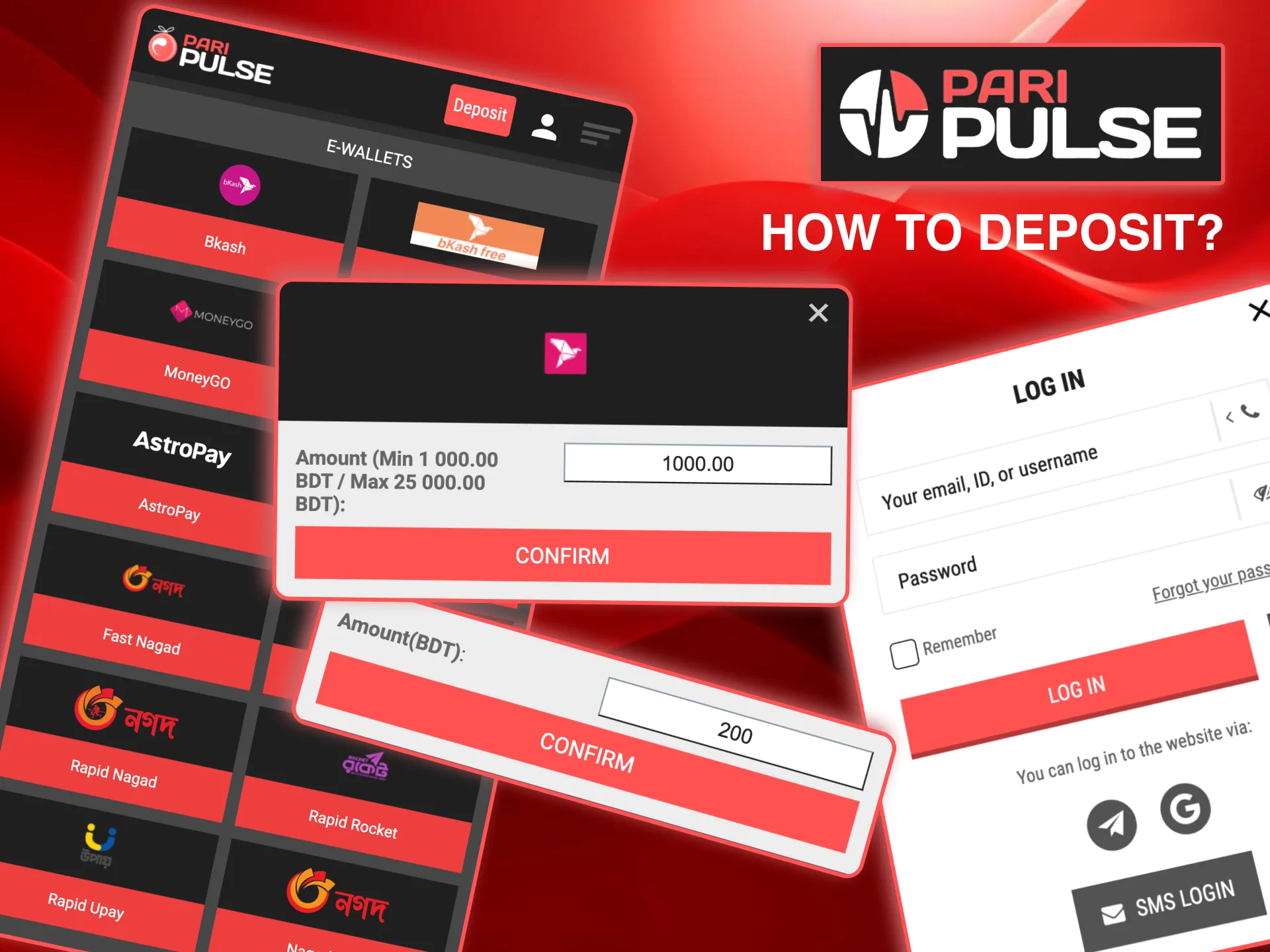 Deposit on Paripulse by selecting a method, filling out the form, and confirming.