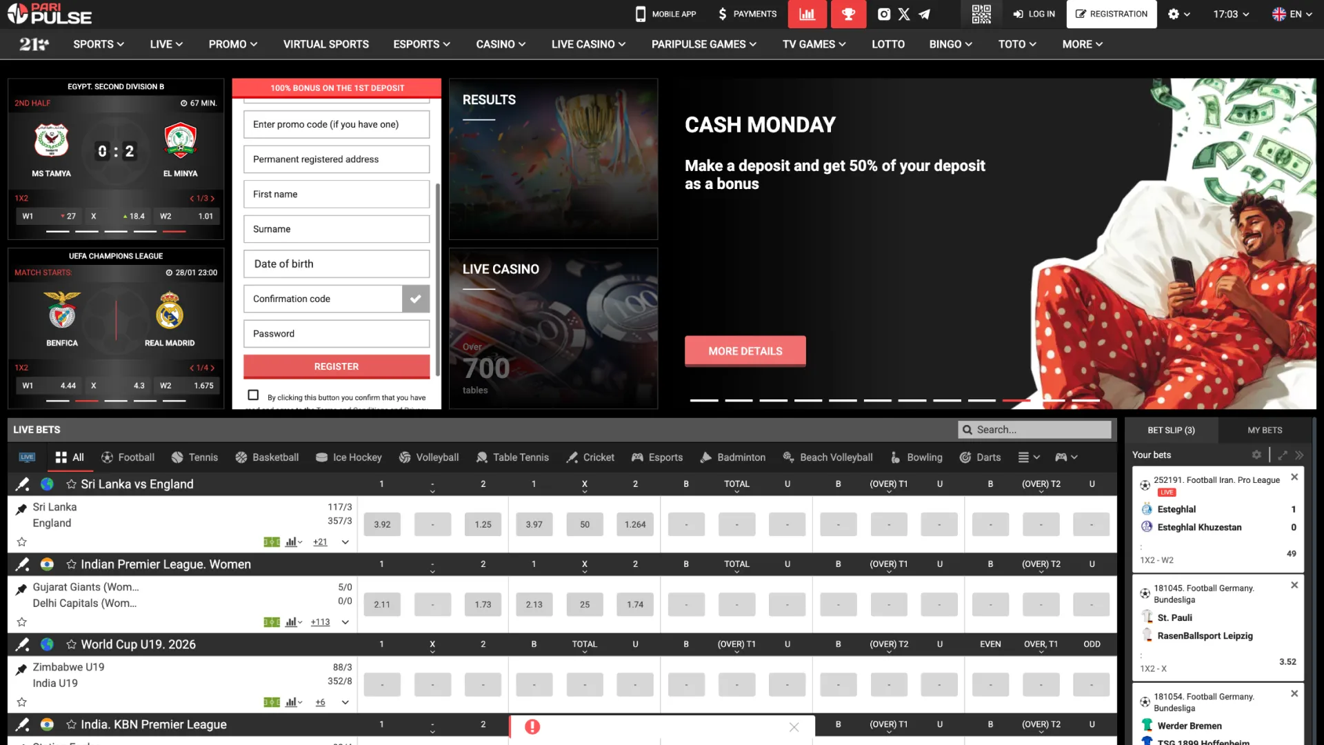 Main Paripulse site page shows events and gaming options.