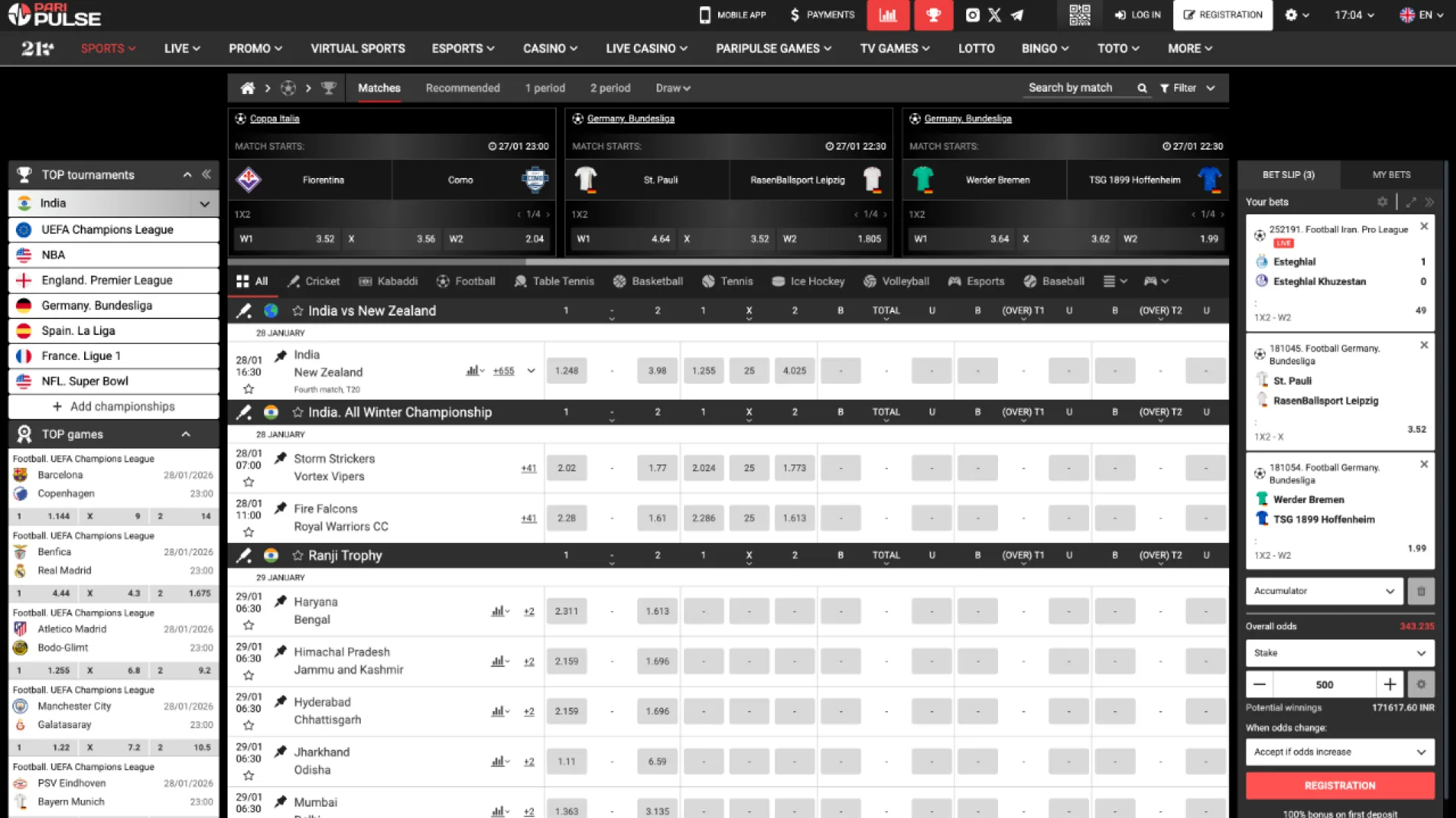 Enjoy dynamic sports events featured daily on Paripulse.