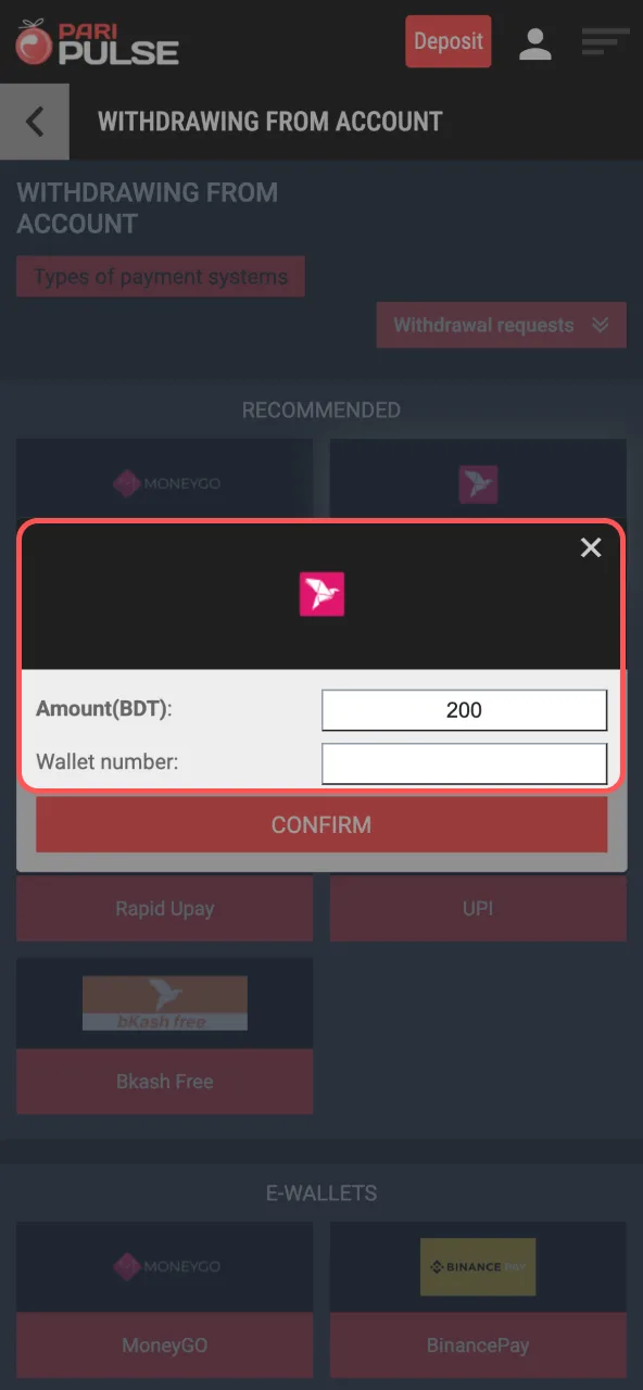 Enter withdrawal request on Paripulse including Bkash, Nagad, bank, or crypto information.