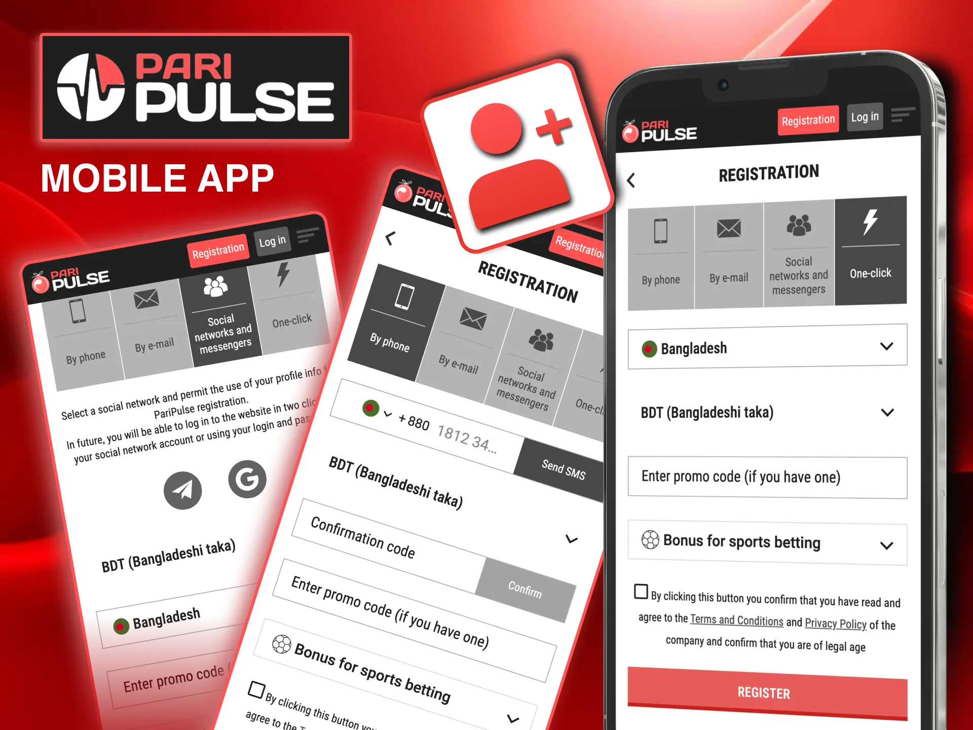 Sign-up process on PariPulse app with options for one-click, phone, email, or social media.