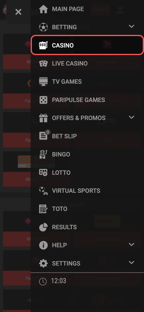 Paripulse homepage with navigation option to enter slots section.
